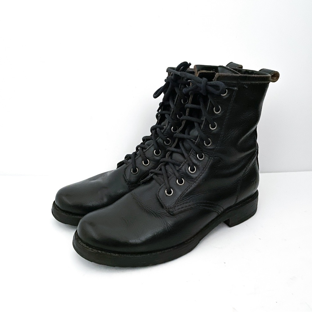 Frye Veronica Black Leather Lace Up Combat Boots - Picture 4 of 10